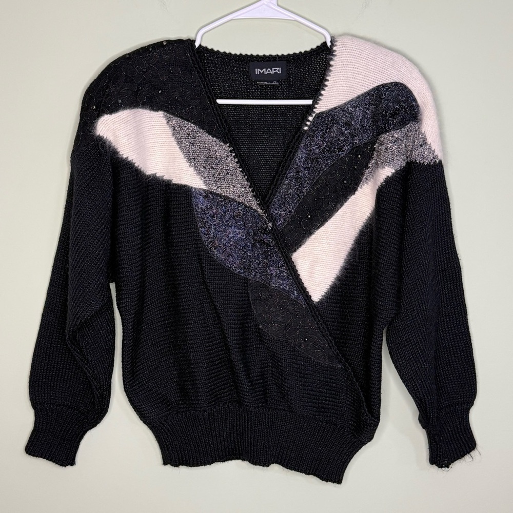 Vintage Imari crossover knit angora iridescent beaded shoulder pads black white